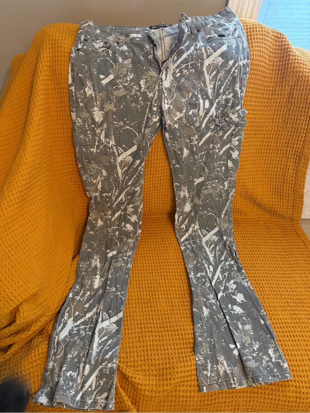 Gray Paint-Splash Cargo Pants with Flared Leg